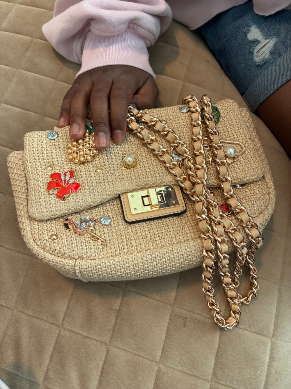 Aldo Beige Woven Shoulder Bag with Gold Chain & Decorative Pins